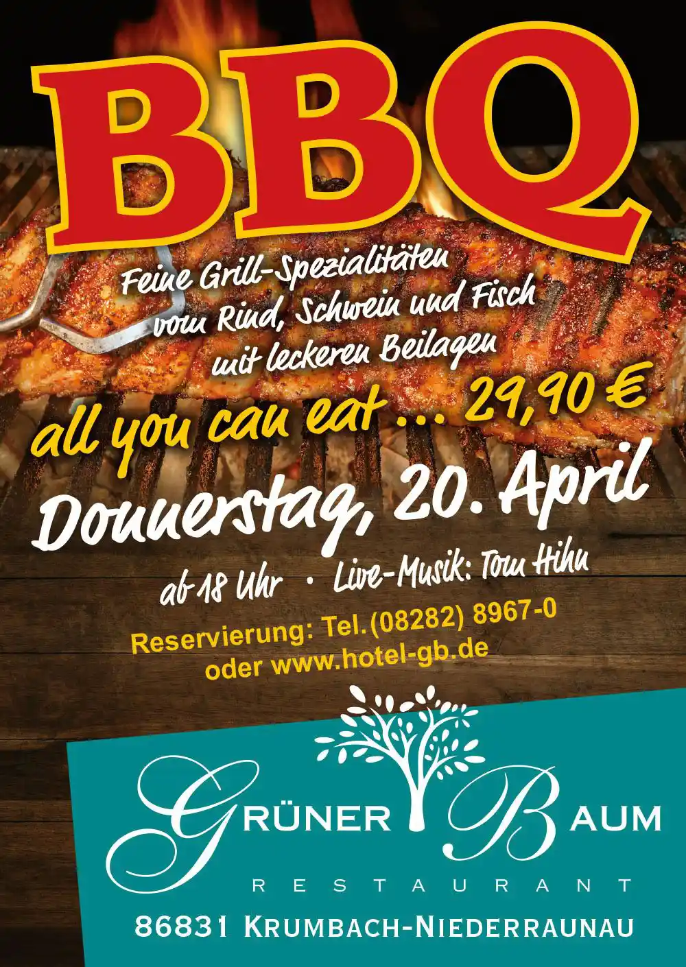Restaurant Grüner Baum: BBQ all you can eat am Donnerstag 20. April 2023