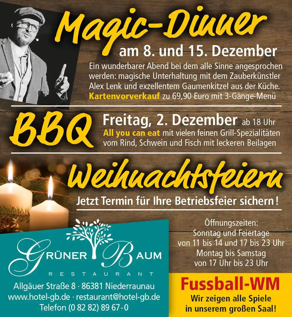 Restaurant Grüner Baum: BBQ, Magic Dinner, Weihnachtsfeiern